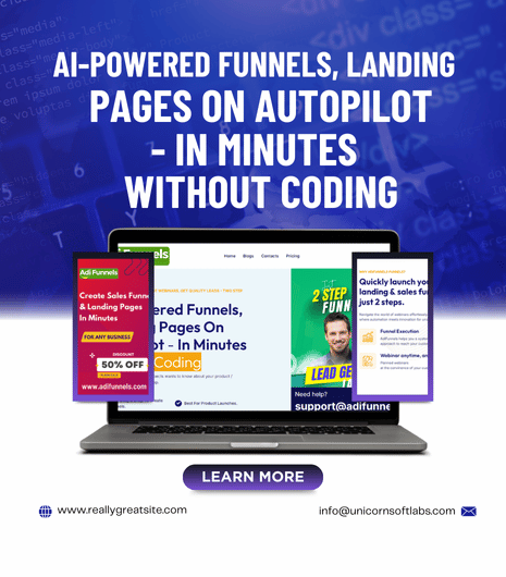 Unicorn Soft Labs The image features a graphical user interface for a website that promotes AI-powered marketing funnels and landing pages designed to be launched quickly and without coding.