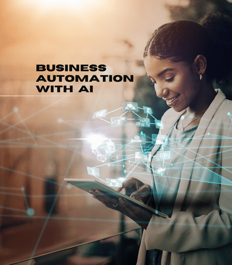 Unicorn Soft Labs A person is holding a tablet, which likely displays information related to business automation with AI. 